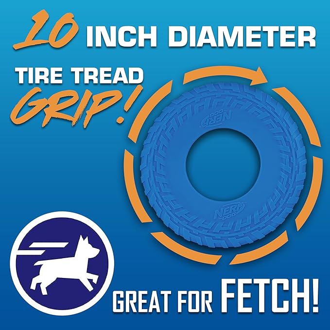 Nerf Dog Tire Flyer Outdoor Dog Toy, 10 Inch Flying Disc Dog Fetch Toy, Rubber Dog Toy for Medium Dogs and Large Dogs, Blue