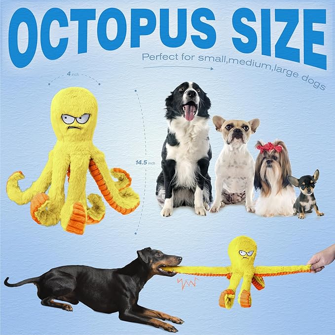 LEGEND SANDY Tough Dog Toys, Stuffed Chew Large Dog Toys to Keep Them Busy, Interactive Squeaky Tug of War Doggie Toy, Crinkle Yellow Octopus