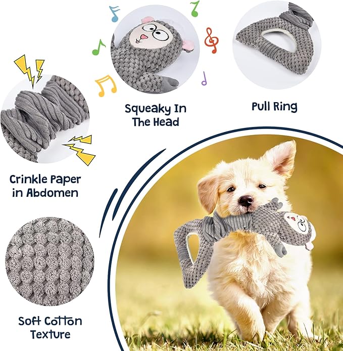 Dog Squeaky Toys, Sheep Plush Stuffing Dog Toys with Crinkle Paper for Puppy Teething, Tug of War Pet Chew Toys to Keep Them Busy, Small, Medium and Large (Gray)