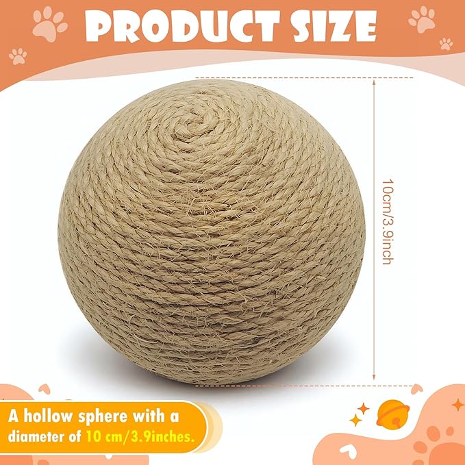 Sisal Cat Ball Toy, 3.94-inch Interactive Natural Cat Scratching Ball, Perfect Scratcher for Indoor Cats' Exercise and Fun