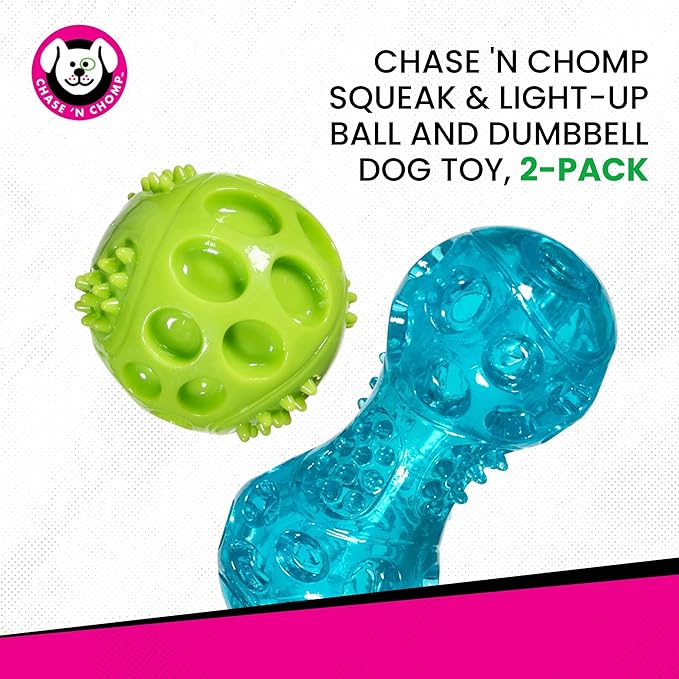 Chase 'n Chomp Squeak and Light Up Ball and Dumbbell Dog Toy, Mental & Physical Stimulation, Small, 2 Pack