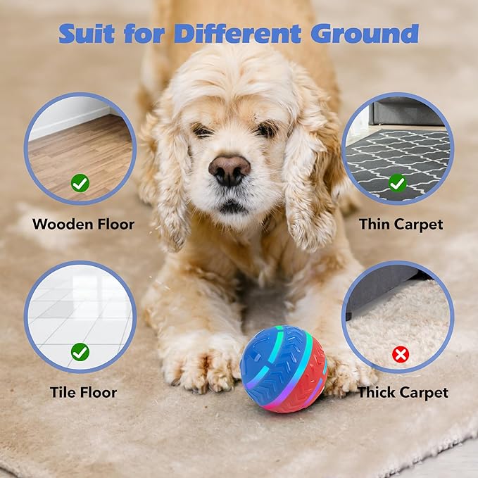 Pet Prime Interactive Dog Toy Ball, Durable 2 Modes Motion Active Rolling Ball for Dogs, USB Rechargeable Automatic Self Moving Dog Ball with LED Lights for Puppy, Small, Medium, Large Breed Dogs/Cats