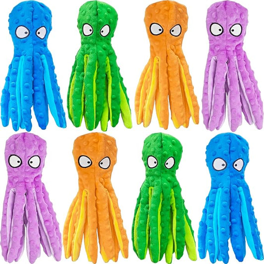 8 Pack Squeaky Octopus Plush Dog Toys for Aggressive Chewers, No Stuffing, Crinkle, Durable Interactive, 4 Colors