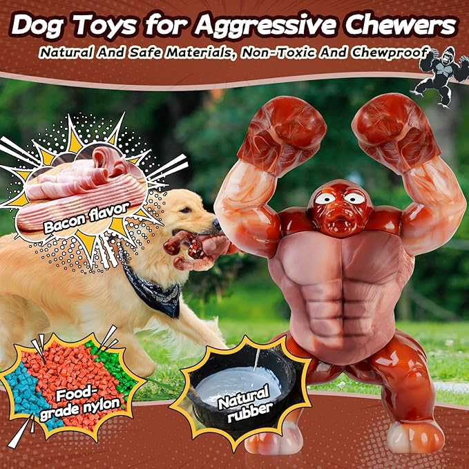 Tough Dog Toys for Aggressive Chewers – Indestructible Chew Toys for Medium & Large Dogs, Squeaky Toys to Keep Them Busy, Reduce Anxiety, Bacon Flavor