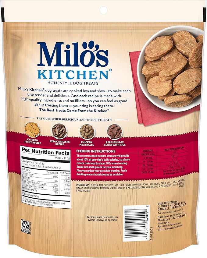 Milo's Kitchen Homestyle Dog Treats, Chicken & Apple Sausage Slices, 10 Ounce (Pack of 5), High Protein, No Artificial Flavors