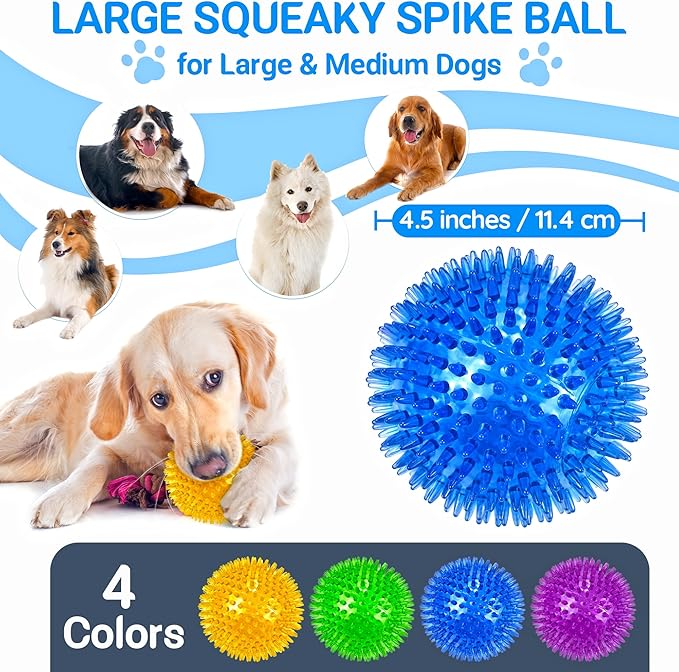 4-Pack Large Squeaky Dog Balls, 4.5" Rubber Spiky Dog Balls for Large Medium Aggressive Chewers Teeth Cleaning, Chew Toy for Training & Boredom Buster