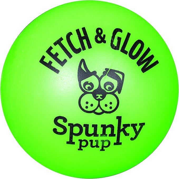 Spunky pup Fetch & Glow Ball Dog Toy | Glowing Logo Toss Balls for Large Dogs | Indoor & Outdoor Active Play | Durable | Waterproof & Floats | Non Toxic | Assorted Colors | For Large Dogs
