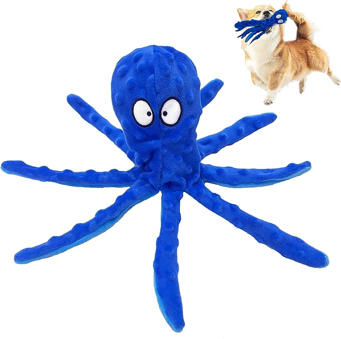 Squeaky Dog Toys Octopus - No Stuffing for Small, Medium and Large Breeds, Tough Dog Toys to Keep Them Busy, Durable and Soft Crinkle Plush Puppy Chew Toys for Teething and Boredom (Blue Octopus 1PC)