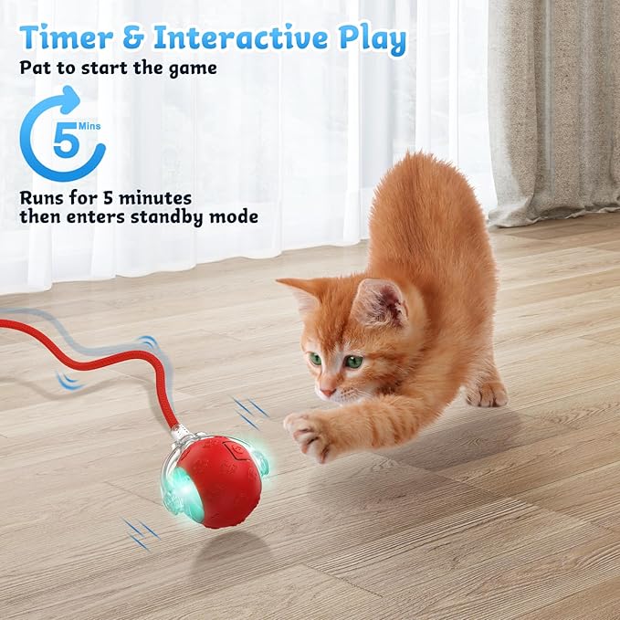 Interactive Cat Toys for Indoor Cats, 2025 New Upgraded Moving Kitten Ball with Chirping Sound, Rechargeable Fast Rolling Ball, Fun Automatic Cat Toys for Bored Adult Kitten Exercise, Red