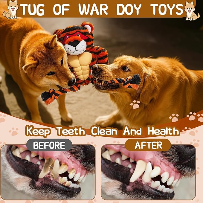Durable Rope & Plush Dog Toy for Aggressive Chewers – Muscle Tiger Squeaky Tug Toy for Medium & Large Dogs, Interactive Chew & Play