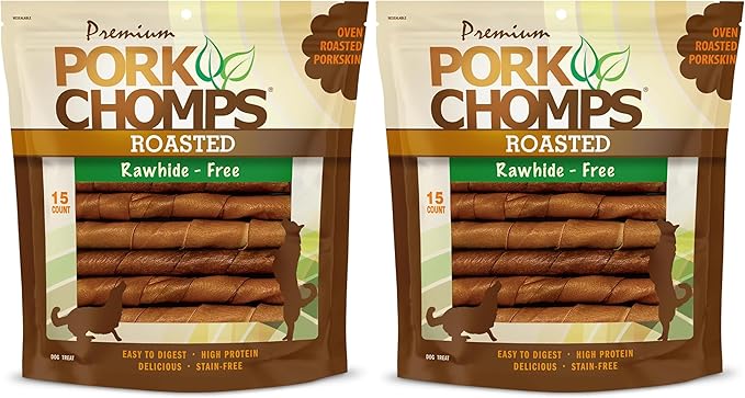 Pork Chomps Roasted Pork Skin Dog Chews, 6-inch Twists, 15 Count (Pack of 2)