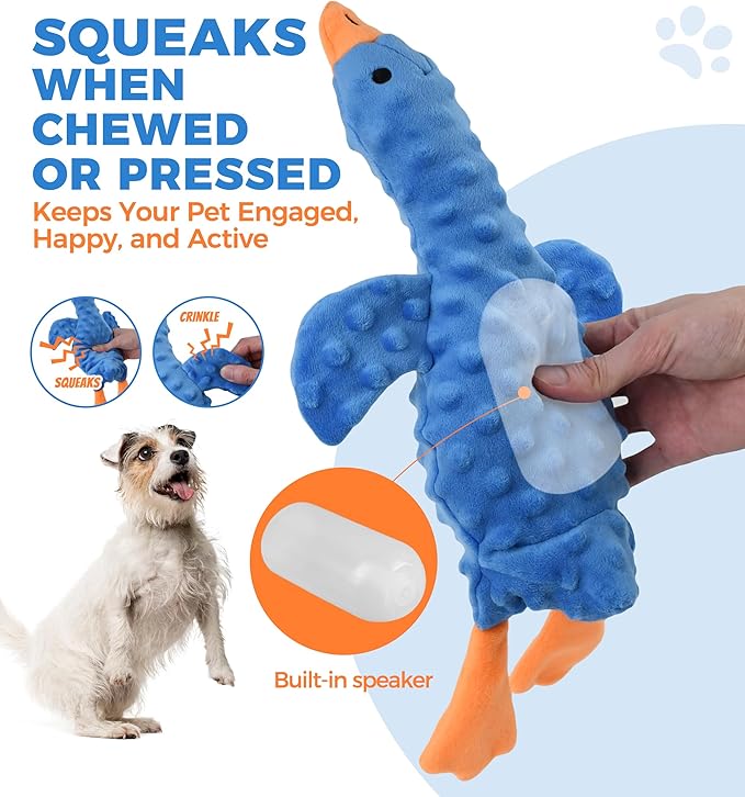 Squeaky Plush Dog Toy for All Breeds, Multifunctional Goose Dog Toy with Honking Sound, Crinkle Paper, Treat Pocket, Durable Soft Stuffed Animal for Chewing, Cuddling, Interactive Play (Blue)