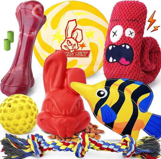 Heavy Duty Various Dog Chew Toys for Aggressive Chewers, 9 Pack Indestructible Large Dog Toys Include Tug Chew & Rope Toy, Squeaky Toys for Medium Large Breed Dogs (for Powerful Chewers)