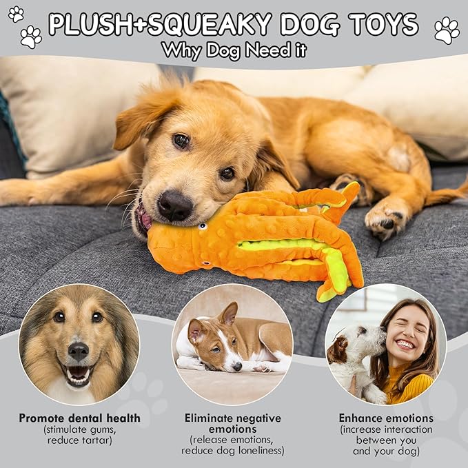 2 Pack Octopus Squesky Dog Toys for Large Medium Small Dogs, Stuffed and Tough Plush Dog Toys for Aggressive Chewers (Blue+Yellow)