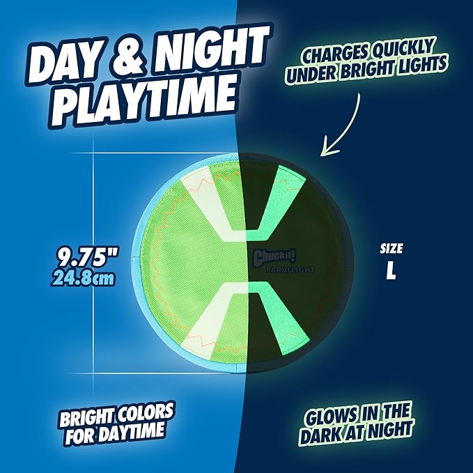 Chuckit! Max Glow Paraflight Flying Disc Dog Toy - Water Floating Flyer - Durable Nylon Construction with Soft Rubber Edges - For Medium and Large Dogs - Size Large - 9.75" L x 9.75" W - Pack of 1