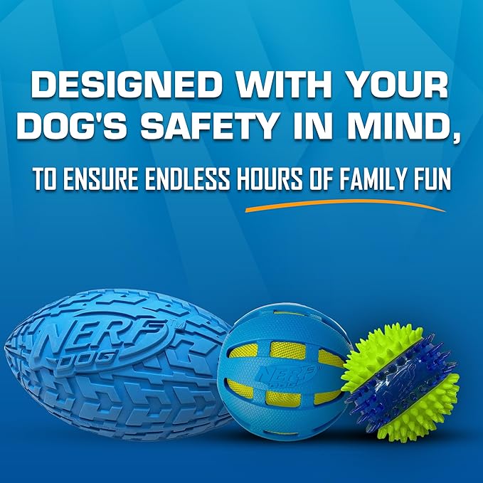 Nerf Dog Toy Gift Set, 3-Piece Set of Outdoor Dog Toys for Fetch, Includes Checker Crunch Ball, Spike LED Squeak Ball and Tire Squeak Football