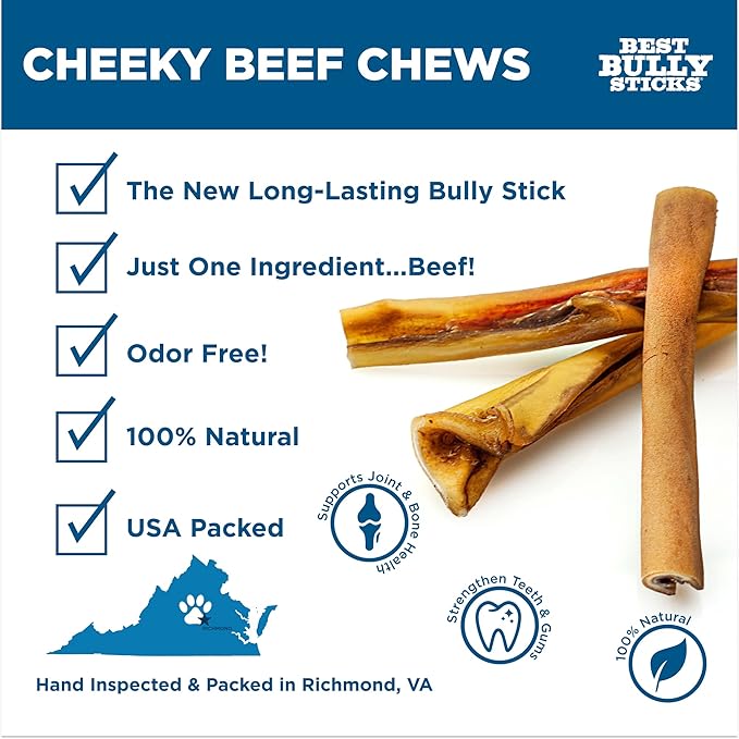 Best Bully Sticks Cheeky Beef Treats - 6 Inch 12 Count (Pack of 1) - Single Ingredient, 100% Grass-Fed, USA Packed, Long-Lasting, Odor Free Alternative to Bully Sticks