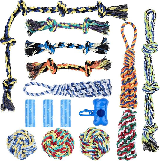 15pc Heavy Duty Dog Rope Toys Tough Tug of War Dog Toys, 100% Cotton Tug Toy for Boredom for Large/Medium/Small Dogs for Chewing, Playing, Teething, Teeth Cleaning, Tossing and Catching.
