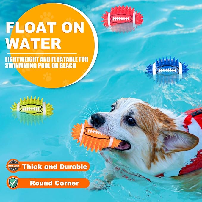 4.3” Dog Squeaky Football Toys 4 Pack, Interactive and Durable Spiky Dog Balls for Medium Large Dogs with Rugby Shape, Built-in Squeaker for Teeth Cleaning and Training