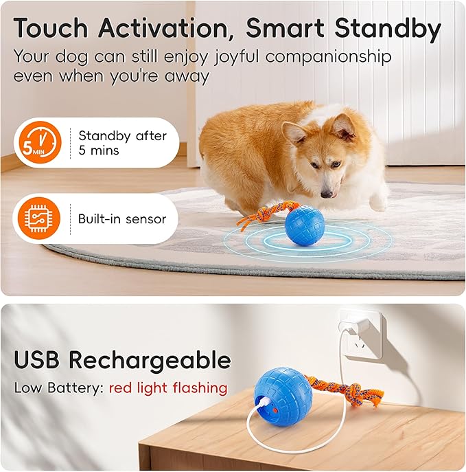 Potaroma Interactive Dog Ball Toys Touch Activated, Rechargeable Animal Sound Dog Toy, Durable Moving Ball for Pup with Chewing Rope for Dogs Puppy, Blue