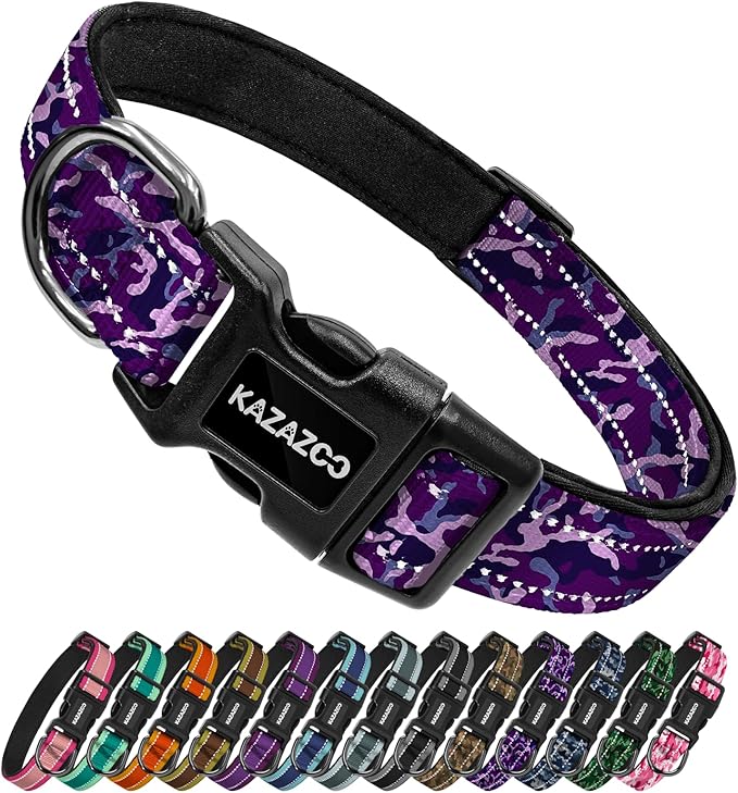 Reflective Dog Collar with Soft Padding Dog Collar for Medium & Small Dogs, No Pull, Heavy Duty, Adjustable Nylon Collar with Quick-Release Buckle, Walking Training Purple camo-S