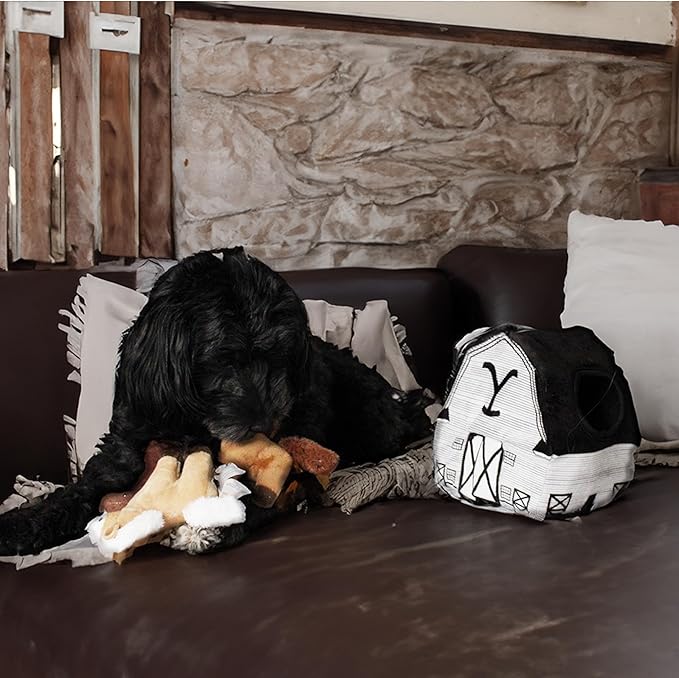 design LAB, Inc. Official Yellowstone Merchandise | Indoor Dog Toy Bundle Variety Gift Set | Yellowstone Nesting Barn with Horses | Squeaky Stuffed Animal Horse Set