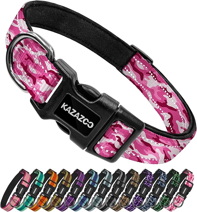 Reflective Dog Collar with Soft Padding Dog Collar for Medium & Small Dogs, No Pull, Heavy Duty, Adjustable Nylon Collar with Quick-Release Buckle, Walking Training-Pink camo-M
