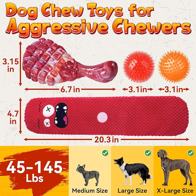 KIPRITII Heavy - Duty Dog Chew Toys for Aggressive Chewers – 6 Pack Tough Dog Toys Include Indestructible Chew Bone, Interactive Tug Toys & Squeaky Balls, Ideal for Medium & Large Breeds Dogs