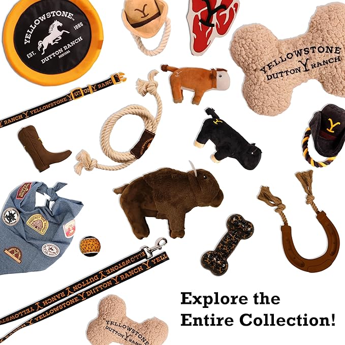 design LAB, Inc. Official Yellowstone Merchandise | Dutton Ranch Toy Bundle - Variety Gift Set | Toys Include Plush Cow, Bone Shaped Squeaky Plush, and Cowboy Hat with Tug Rope for Dogs