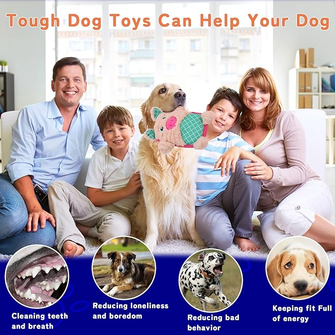 Crinkle Dog Toys Squeaky Plush No Stuffing Cute Puppy Stuffless Tough Rop Pull Toy, Fun Dog Stuffed Animals Durable Chew Set for Small Medium Large Pup (Large, Pink Pig)