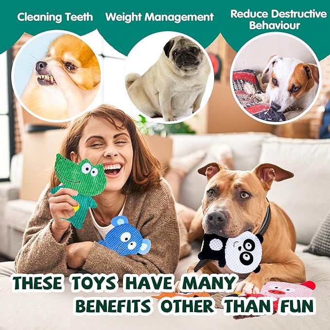 No Stuffing Dog Squeaky Toys, 8 Pack Cute Animal Durable Plush Interactive Teething Chew Toys, Pet Entertaining Toy for Puppy & Small Medium Breeds