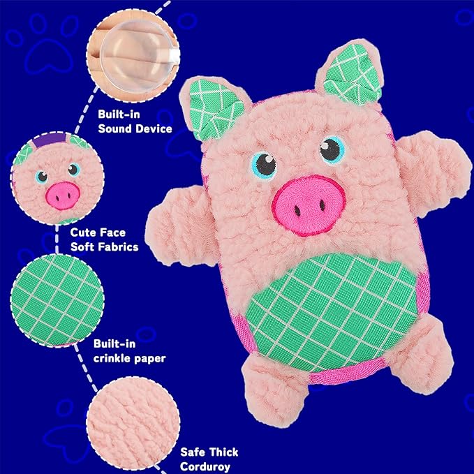 Crinkle Dog Toys Squeaky Plush No Stuffing Cute Puppy Stuffless Tough Rop Pull Toy, Fun Dog Stuffed Animals Durable Chew Set for Small Medium Large Pup (Large, Pink Pig)