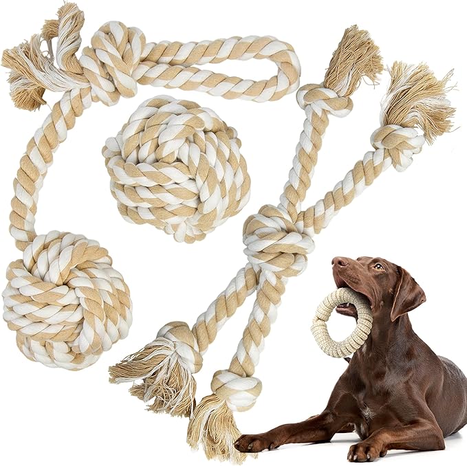 Dog Rope Toy 4 Pack - Dog Rope Toys for Large Dogs - Indestructible Natural Cotton Chew Toys for Aggressive Chewers - Tough Tug of War Dog Toys for Boredom, Teeth Clean