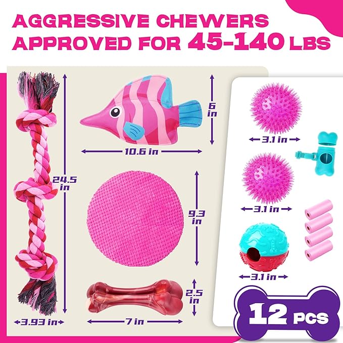 Zeaxuie 12 Pack Heavy Duty Various Dog Chew Toys Pack for Aggressive Chewers - Includes Large Rope Toys, Squeaky Toys & Indestructible Chew Bone for Medium, Large & X-Large Female Dogs