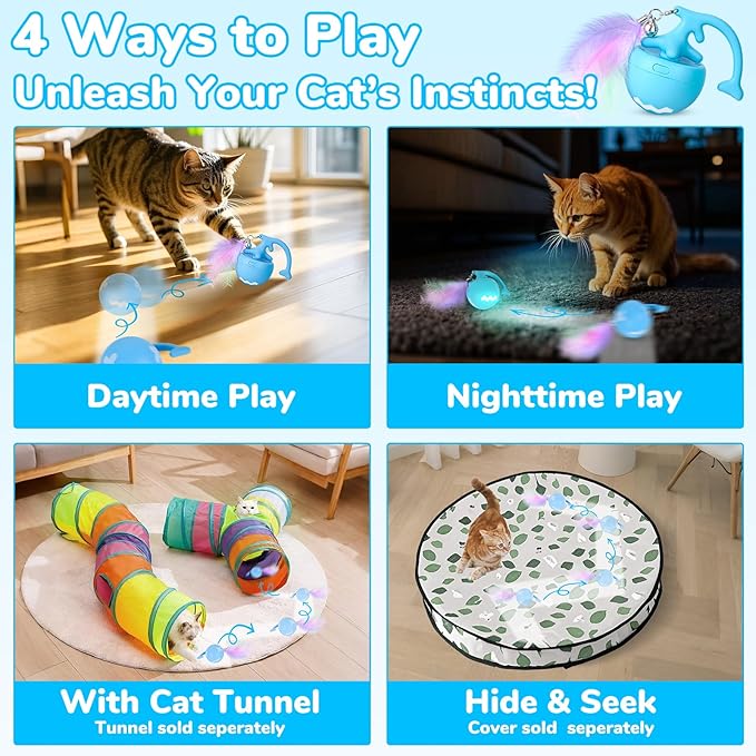 Interactive Moving Cat Toy Ball - Self-Play for Indoor Cats, Kittens to Adults | Smart Obstacle Avoidance, LED Light | Quiet All-Terrain, Fur-Proof, USB Rechargeable