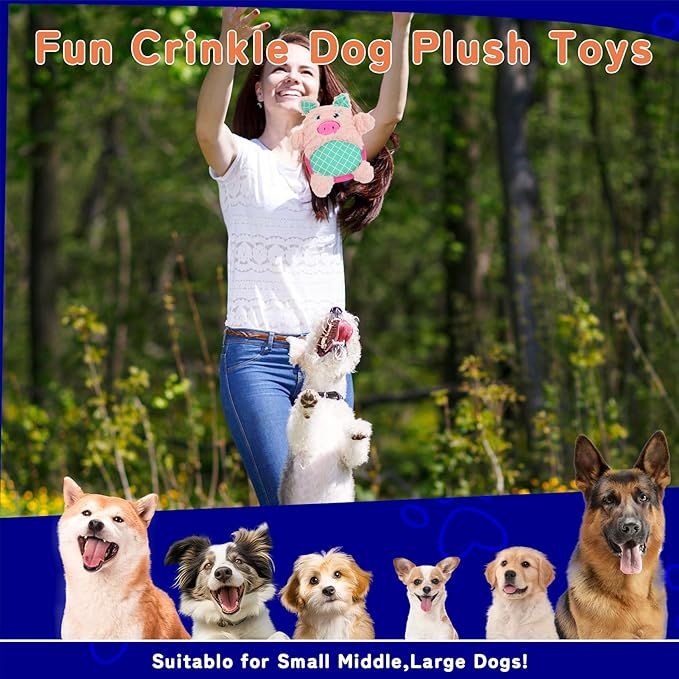 Crinkle Dog Toys Squeaky Plush No Stuffing Cute Puppy Stuffless Tough Rop Pull Toy, Fun Dog Stuffed Animals Durable Chew Set for Small Medium Large Pup (Large, Pink Pig)
