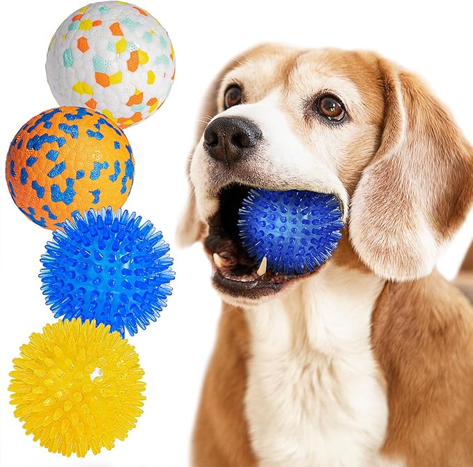 2.5'' Dog Balls for Aggressive Chewers Small Medium, Puppy Chew Toys for Teething, Tennis Spiky Dog Ball Squeaky Training Chuck It Toy for Dogs Puppies (4 Balls)