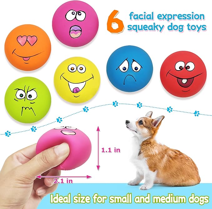 Dog Squeaky Toys Balls for Teething Puppies, Small, Medium Dogs, Latex Smiley Face Bouncy Cute Face Pet Dog Toys 6 Pcs/Set