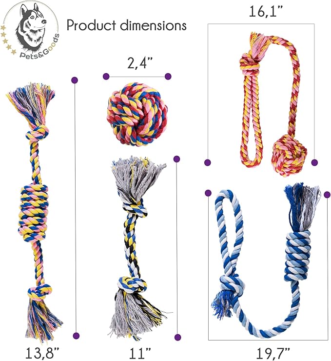 Pets&Goods Dog Chew Toys – 5-Pack Cotton Rope Tug & Teething Toy – Small/Medium Dog Chew Toy for Puppies & Adult Dogs – Interactive Tug of War Rope, Dental Cleaning, Boredom Buster – Multicolor