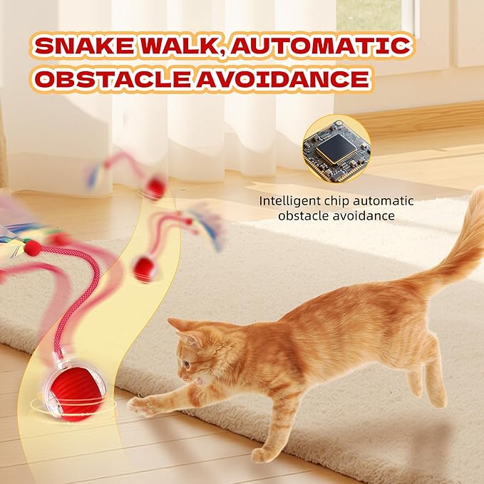 2-Pack Interactive Cat Toys Ball - 2025 New Gen with Smart Obstacle Avoidance & Auto Wake-Up,Includes 4 Speedy Tail 2.0 Ropes, Ideal Kitten Toys for Bored Indoor Cats (Red & Green)