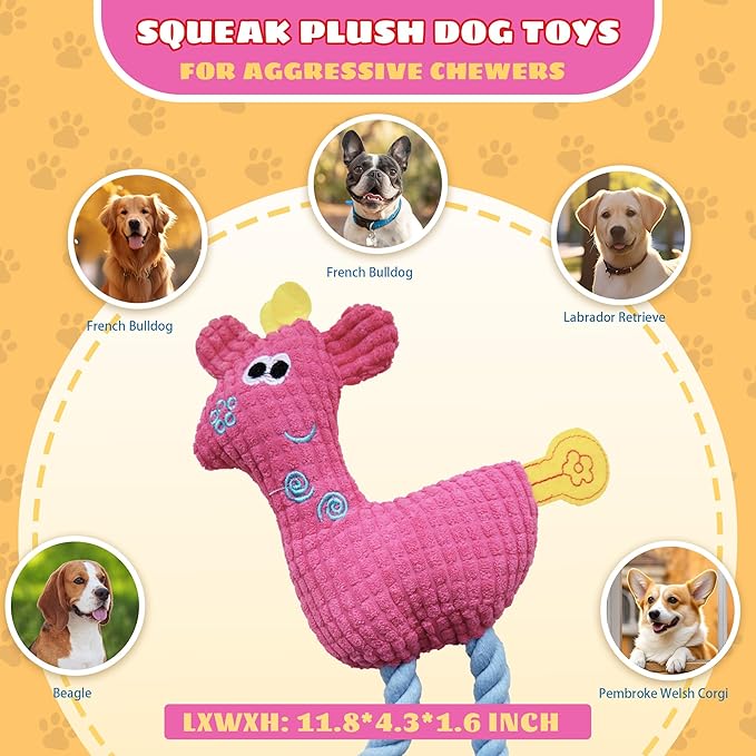 Squeak Plush Dog Toys for Small & Medium Breeds, Chew Resistant Rope to Keep Them Busy for Puppy Teething Chewing, Interactive Indoor/Outdoor Play, Best Pet Gift, Pink Deer