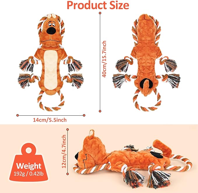 IOKHEIRA Tug of War Plush Dog Squeaky Toys with Crinkle Paper, Knotted Rope for Teeth Cleaning & Boredom