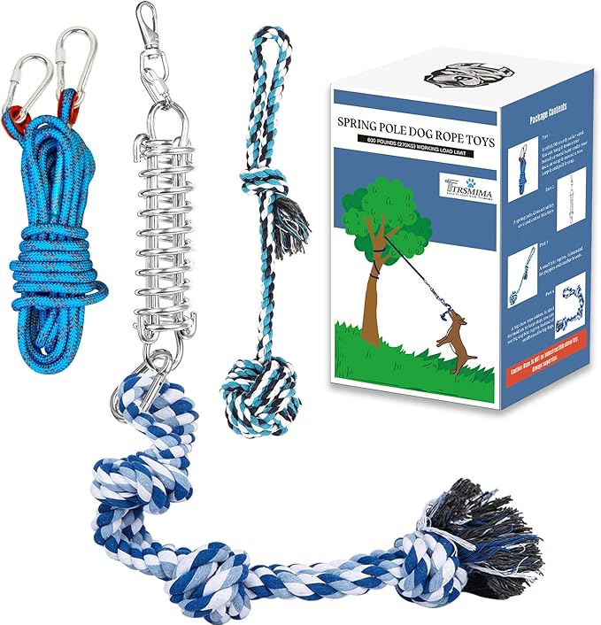 Spring Pole Rope Toys: Rope Pull & Tug of War with a Big Spring Pole Kit & 2 Strong 16ft Toys - Muscle Builder Interactive Toy for Pitbull Medium to Large Dog