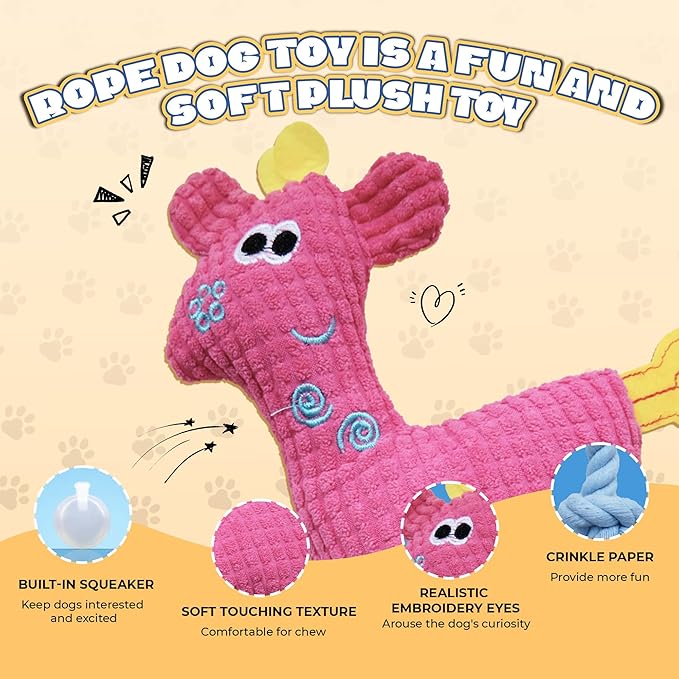 Squeak Plush Dog Toys for Small & Medium Breeds, Chew Resistant Rope to Keep Them Busy for Puppy Teething Chewing, Interactive Indoor/Outdoor Play, Best Pet Gift, Pink Deer