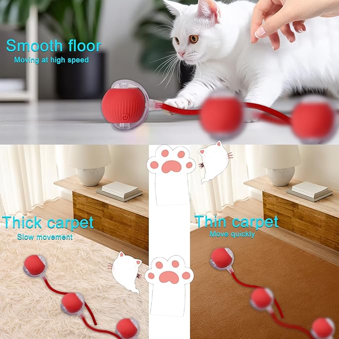 Interactive Cat Dog Toy Ball: Indoor Small Automatic Moving Smart Rolling Fun Pet Game with Led Light and String Tail for Motion Activated, Cute Kitten Puppy Present, Exercise Wheel Supplies (Red)