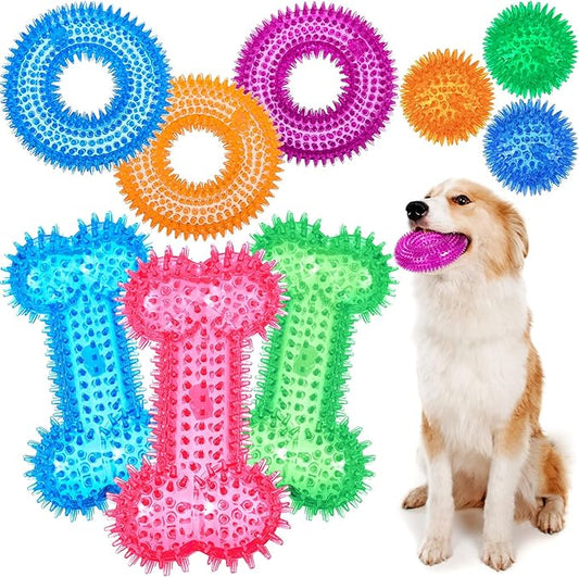 9 Pcs Dog Squeaky Toys Set, Dog Squeaky Balls Bone Shape Teething Toys Donut Shape Balls for Small Puppy Medium TPR Rubber Pet Chew for Training Fetching Teething