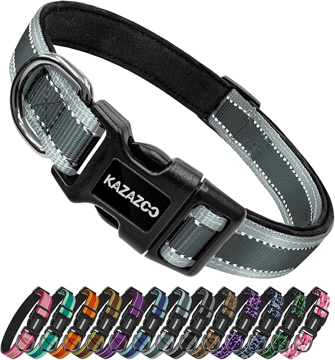 Reflective Dog Collar with Soft Padding Dog Collar for Medium & Small Dogs, No Pull, Heavy Duty, Adjustable Nylon Collar with Quick-Release Buckle, Walking Training-Grey-S