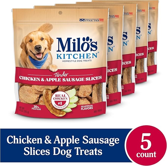 Milo's Kitchen Homestyle Dog Treats, Chicken & Apple Sausage Slices, 10 Ounce (Pack of 5), High Protein, No Artificial Flavors
