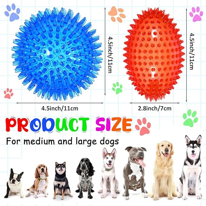 12 Pcs 4.5'' Squeaky Dog Ball and Spiky Squeaker Football for Aggressive Chewers Medium Large Dogs Toys Heavy Duty Teething Toys for Training Cleaning Teeth Indoor Outdoor