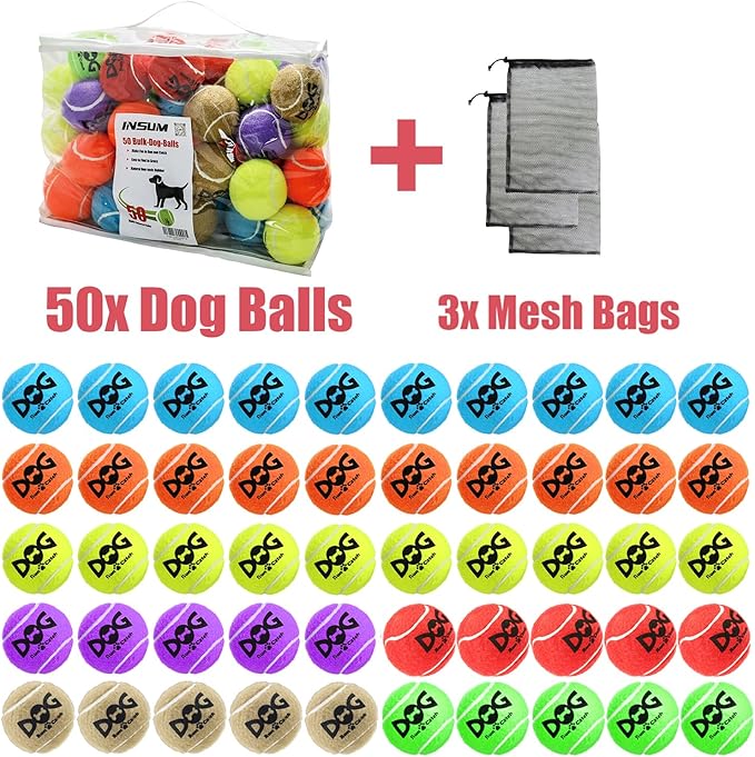 Tennis Balls for Dogs - Bulk 50 Pack 2.5'' Durable Non-Toxic Outdoor Dog Toys Balls with Mesh Bag, SGS Certified, Colorful Fetch Toys, Medium Large Breeds (Non Squeaky)